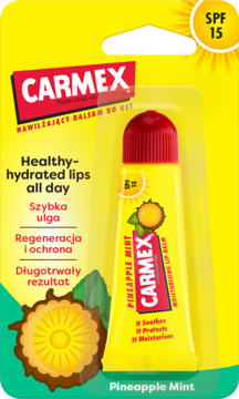 Carmex Pineapple Mint nawilżający balsam do ust SPF 15 w żółto-czerwonym blistrze, z ananasem i miętą.