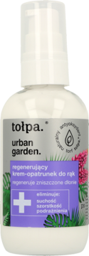 Krem Tołpa Urban Garden regenerujący do rąk, biała butelka z pompką i szaro-fioletową etykietą, widok przód.