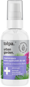 Tołpa Urban Garden regenerujący krem-opatrunek do rąk w białej butelce z pompką, fioletowa etykieta, eliminuje suchość.