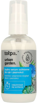 tolpa urban garden hydro serum ochronne do rąk i paznokci, biała butelka z pompką, nawilżające, widok z przodu.