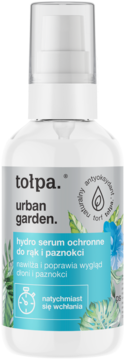 Tołpa Urban Garden hydro serum do rąk i paznokci w białej butelce z pompką, widok z przodu, niebieska etykieta z liśćmi.