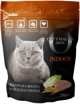 Czarna torba karmy Optymalna Dieta Indoor 750g dla kotów, z indykiem i zbożami, z wizerunkiem kota.