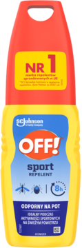 OFF! Sport repelent na komary i kleszcze, żółto-czerwony spray 8h, odporny na pot, widok z przodu.