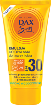 Żółta tubka emulsji DAX Sun expert SPF 30 do opalania, wysoka ochrona UVA/UVB, wodoodporna, widok z przodu.