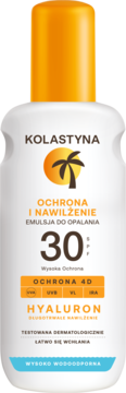 Kolastyna emulsja do opalania SPF 30 z hialuronem, biała butelka z pomarańczową nakrętką, widok z przodu.
