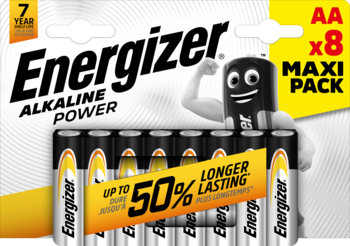 Energizer baterie AA Alkaline Power, 8 sztuk w żółto-szarym opakowaniu z królikiem, widok z przodu.