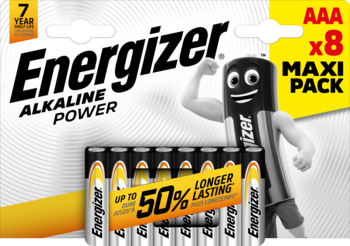 Opakowanie Energizer Alkaline Power AAA x8 MAXI PACK, biało-żółte, z maskotką baterii i widocznymi 8 bateriami.