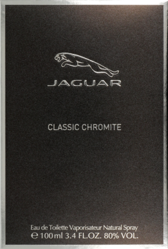 Czarne pudełko Jaguar Classic Chromite Eau de Toilette z metalicznym logo jaguara i srebrnymi napisami, widok z przodu.