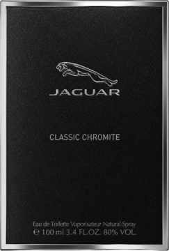 Czarne, eleganckie opakowanie męskiej wody toaletowej Jaguar Classic Chromite 100ml, ze srebrnym logo.
