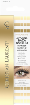 Złoto-białe opakowanie serum Christian Laurent Supreme Growth, aktywna baza do rzęs wzmacniająca i zagęszczająca.