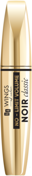 Złoty tusz do rzęs Wings of Color, No-Limit Volume Noir Classic, z czarną etykietą, pionowy widok z przodu.
