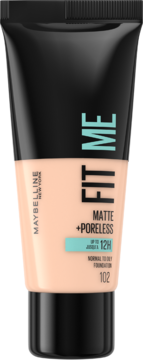 Matujący podkład Maybelline Fit Me Matte+Poreless w beżowej tubce z czarną nakrętką, widok z przodu.