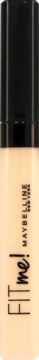 Maybelline Fit Me korektor do twarzy w butelce, jasny matujący beż, z czarną nakrętką, pionowe ujęcie.