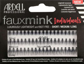 Czarne pudełko Ardell Fauxmink Individuals, rzęsy: krótkie, średnie, długie. Etykieta 'NEW'. Widok z przodu.