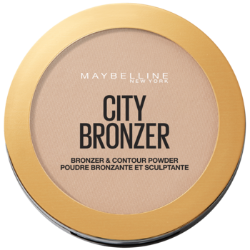 Okrągły kompakt Maybelline City Bronzer w złotym etui, beżowy puder brązująco-konturujący z matowym wykończeniem, widok z góry.