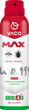 Vaco Max spray na komary i kleszcze, biało-czerwona butelka, DEET 30%, moc ochrony 4/5+, widok z przodu.