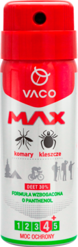 Czerwono-biały aerozol VACO MAX na komary, kleszcze. DEET 30%, pantenol, widok z przodu, ze skalą mocy.