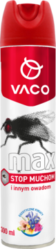 Czerwono-biały aerozol Vaco Max na muchy, widok z przodu, z grafiką muchy i informacją o zapachu kwiatów.
