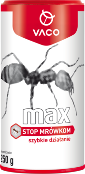 Vaco Max proszek na mrówki, czerwono-biała puszka z logo Vaco, duża mrówka, napis STOP MRÓWKOM, 250g.