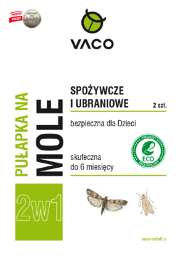 Białe opakowanie pułapki VACO 2w1 na mole spożywcze i ubraniowe, z zielonymi napisami i logo ECO.