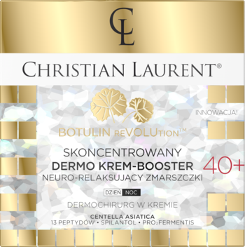 Złoto-białe opakowanie Christian Laurent Botulin Revolution dermo krem-booster 40+, na nim tekst "Neuro-relaksujący zmarszczki".