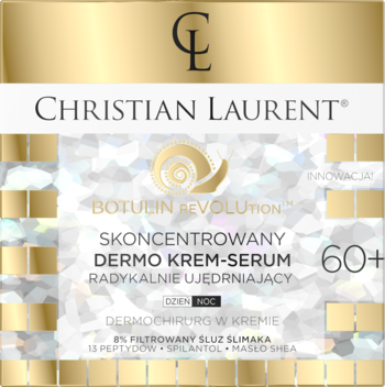 Christian Laurent Botulin Revolution 60+ ujędrniający dermo krem-serum. Złoto-srebrne opakowanie z logo ślimaka.