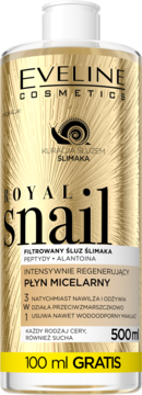 Złoty płyn micelarny Eveline Royal Snail z filtrowanym śluzem ślimaka, butelka 500ml+100ml gratis, widok z przodu.