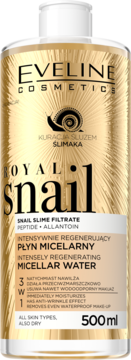 Eveline Royal Snail Intensely Regenerating Micellar Water, 500ml. Gold and black bottle, white cap, frontal view, with snail icon.