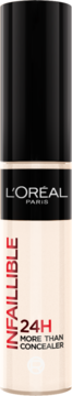 L'Oréal Infaillible More Than Concealer w beżowej butelce z czarną nakrętką, z czerwonym napisem 24H, widok z przodu.