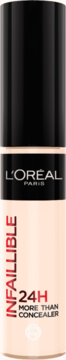 L'Oréal Paris Infaillible 24H More Than Concealer, beżowa butelka z czarną zakrętką i czerwonymi napisami, widok z przodu.