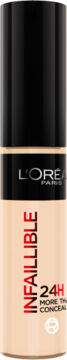 Korektor L'Oréal Infaillible More Than Concealer, beżowa butelka z czarną nakrętką, czerwony napis 24H, widok z przodu.
