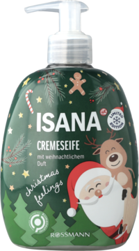 ISANA kremowe mydło do rąk z pompką, ciemnozielona butelka z zimowym motywem: Mikołajem, reniferem, choinkami. Limitowana edycja.
