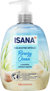 Mydło do rąk ISANA Breezy Ocean w butelce z pompką, z plastiku z recyklingu, z motywem morza, widok z przodu.
