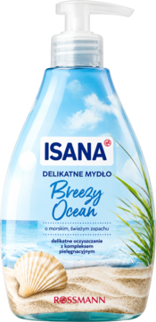 Isana Breezy Ocean delikatne mydło w płynie, niebieska butelka z pompką, design plaży, morski zapach, widok z przodu.