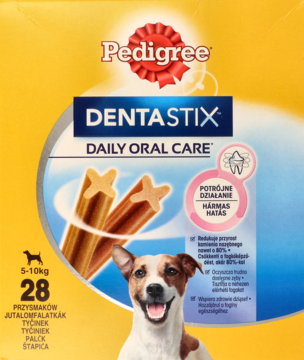 Żółto-niebieskie opakowanie Pedigree DentaStix Daily Oral Care dla psów 5-10kg, z dwoma przysmakami i psem.