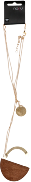 Gold-toned layered necklace with brown suede half-moon pendant and fluffy charm, displayed on a card.