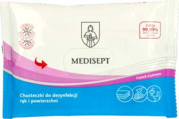 Opakowanie białych chusteczek Medisept do dezynfekcji rąk i powierzchni, z niebiesko-różowym paskiem, widok z przodu.