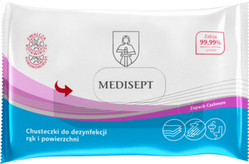 Opakowanie Medisept chusteczek dezynfekujących do rąk i powierzchni, białe, z napisem Zabija 99.99%.