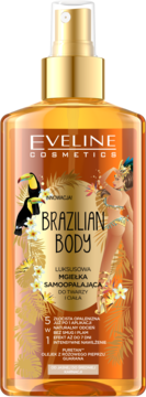 Eveline Brazilian Body mgiełka samoopalająca w pomarańczowej butelce z tropikalnym wzorem, widok z przodu.