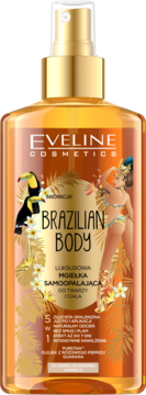 Eveline Brazilian Body mgiełka samoopalająca w pomarańczowej butelce z tropikalnym wzorem, widok z przodu.