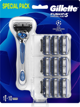Gillette Fusion 5 Proglide Flexball UEFA CL Special Pack: maszynka i 10 niebieskich wkładów w blistrze.
