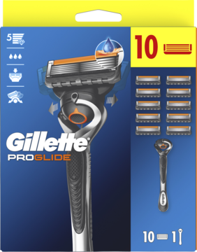 Gillette ProGlide, maszynka do golenia z 10 wkładami Fusion 5, niebieskie opakowanie, widok z przodu.