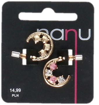 Kolczyki Nanu złote półksiężyce z różowymi i białymi cyrkoniami, widok z przodu na czarnej karcie ekspozycyjnej.