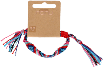 Wielokolorowa pleciona bransoleta z czerwonymi, niebieskimi i różowymi nitkami, widok z przodu na kartonowej zawieszce.