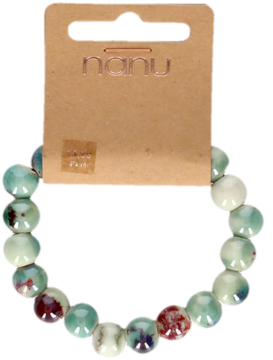 Bransoleta z fasetowanych koralików w odcieniach zieleni, bieli i brązowo-czerwonych plamach, z metką nanu.