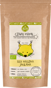 Brązowa saszetka Helpa Bio Kaszka Jaglana, ekologiczna kaszka bez cukru, z żółtą etykietą i rysunkiem wiewiórki.