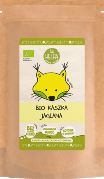 Helpa Bio Kaszka Jaglana w brązowej torebce, zielono-żółta etykieta z wizerunkiem lisa, widok z przodu.