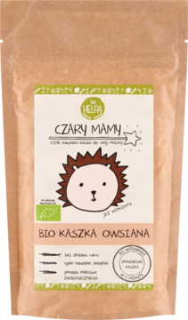 Kaszka owsiana BIO Czary Mamy, stojąca brązowa torebka kraft z uśmiechniętym jeżem, bez cukru, widok z przodu.