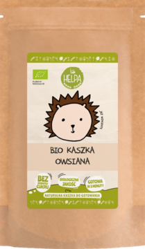 BIO kaszka owsiana Helpa Czary Mamy w brązowym opakowaniu z zieloną etykietą i jeżykiem, bez cukru, gotowa w 3 minuty.