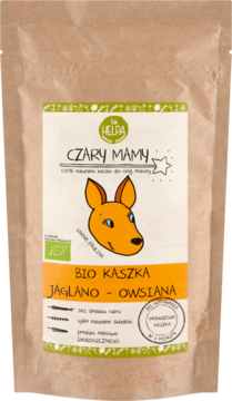 Kaszka Czary Mamy bio jaglano-owsiana bez cukru, w brązowej torebce papierowej z liskiem, widok z przodu.
